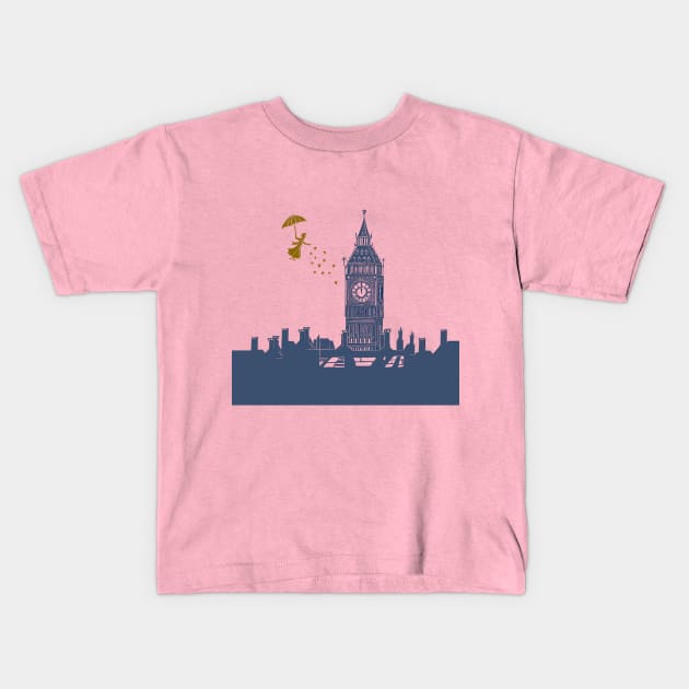 Mary Poppins and Big Ben in Blue and Pink Kids T-Shirt by Maddybennettart